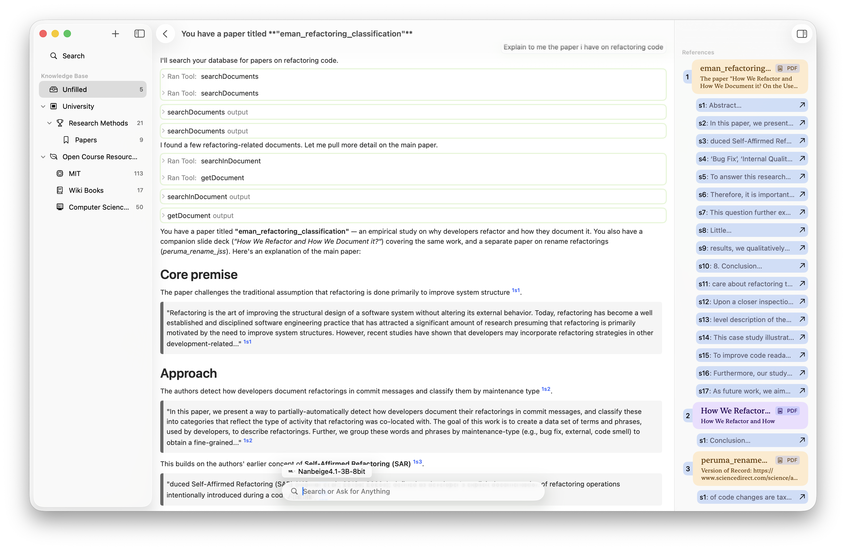 The Minna chat view answering a question about variable renaming. The assistant searches the knowledge base, then gives a cited answer with numbered footnotes linking to a References sidebar of source excerpts from the matching paper.