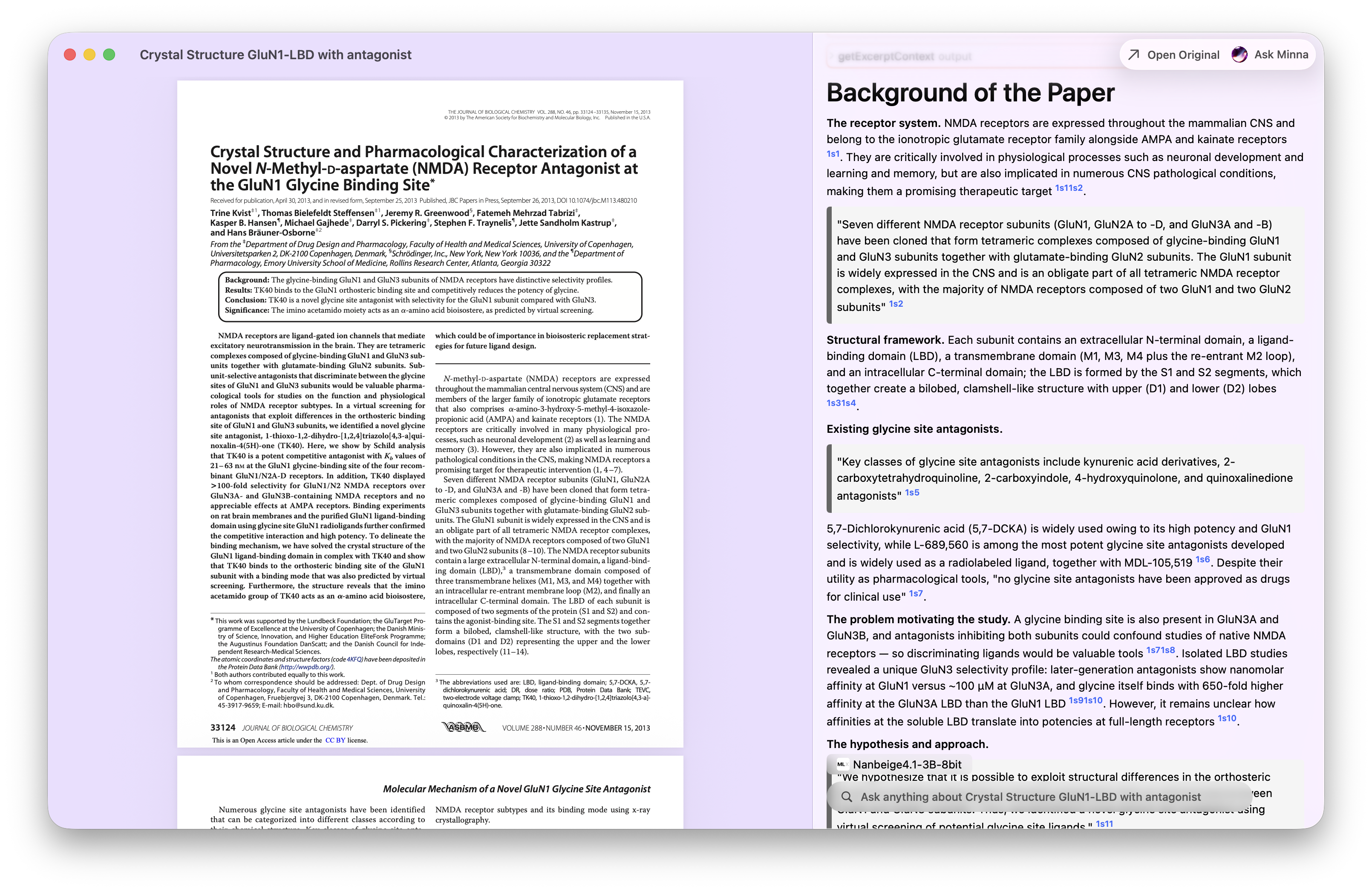 A single-document view in Minna: a highlighted, hand-annotated neuroscience paper on the left, and a chat panel on the right answering a question about the paper using only excerpts from that document.