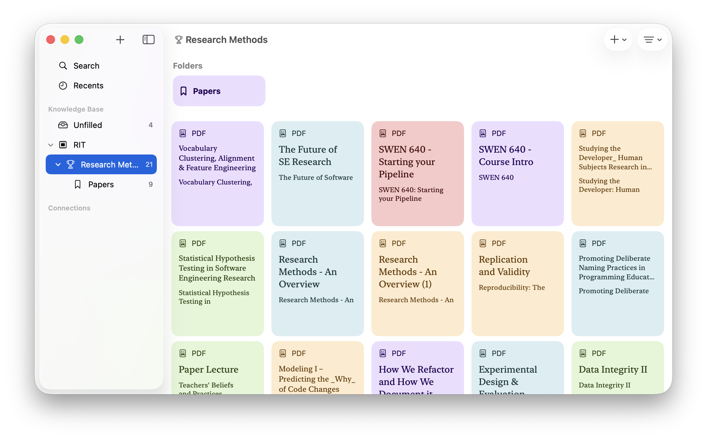 The Minna library view showing a Research Methods folder as a grid of color-coded PDF cards — lecture slides, papers and course notes — with a sidebar tree of nested knowledge base folders.